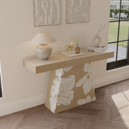 Bone inlay beige Console table with decorative items in a living room setting