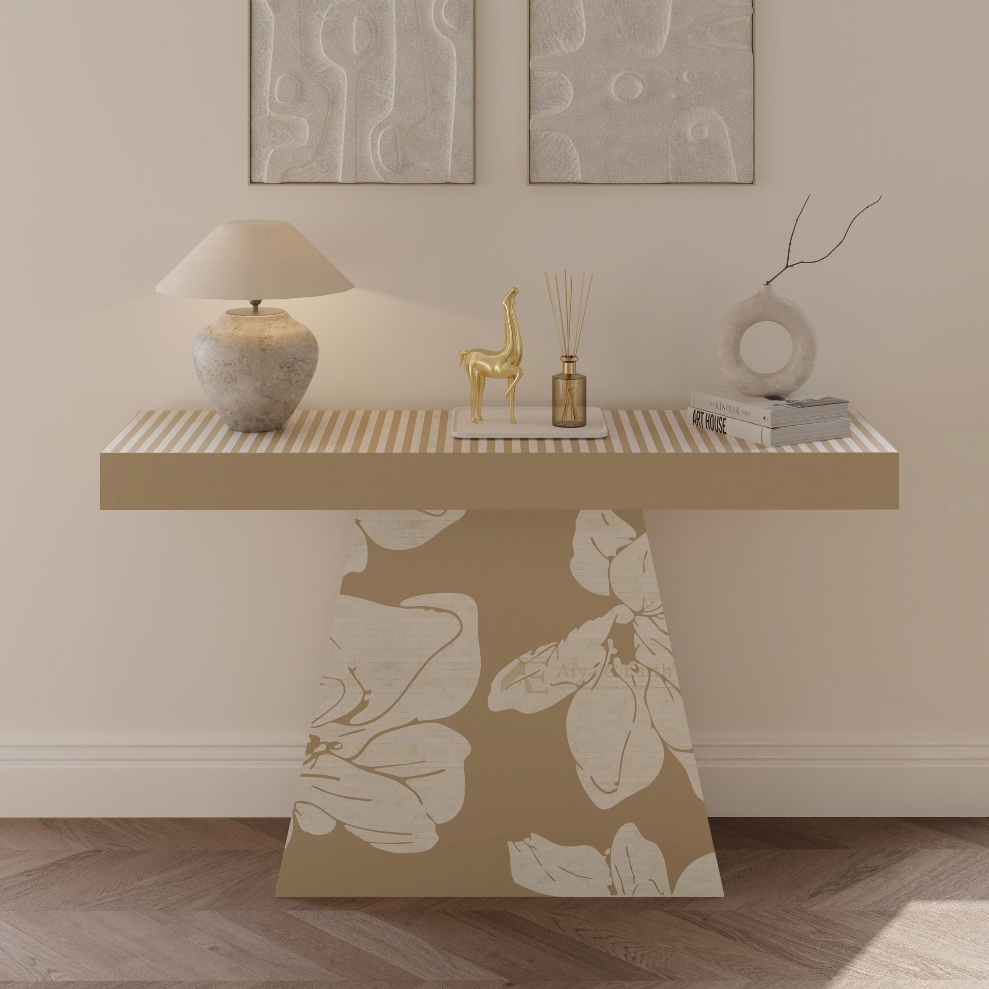 bone inlay beige Console table with decorative items against a neutral wall