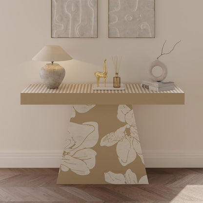 bone inlay beige Console table with decorative items against a neutral wall