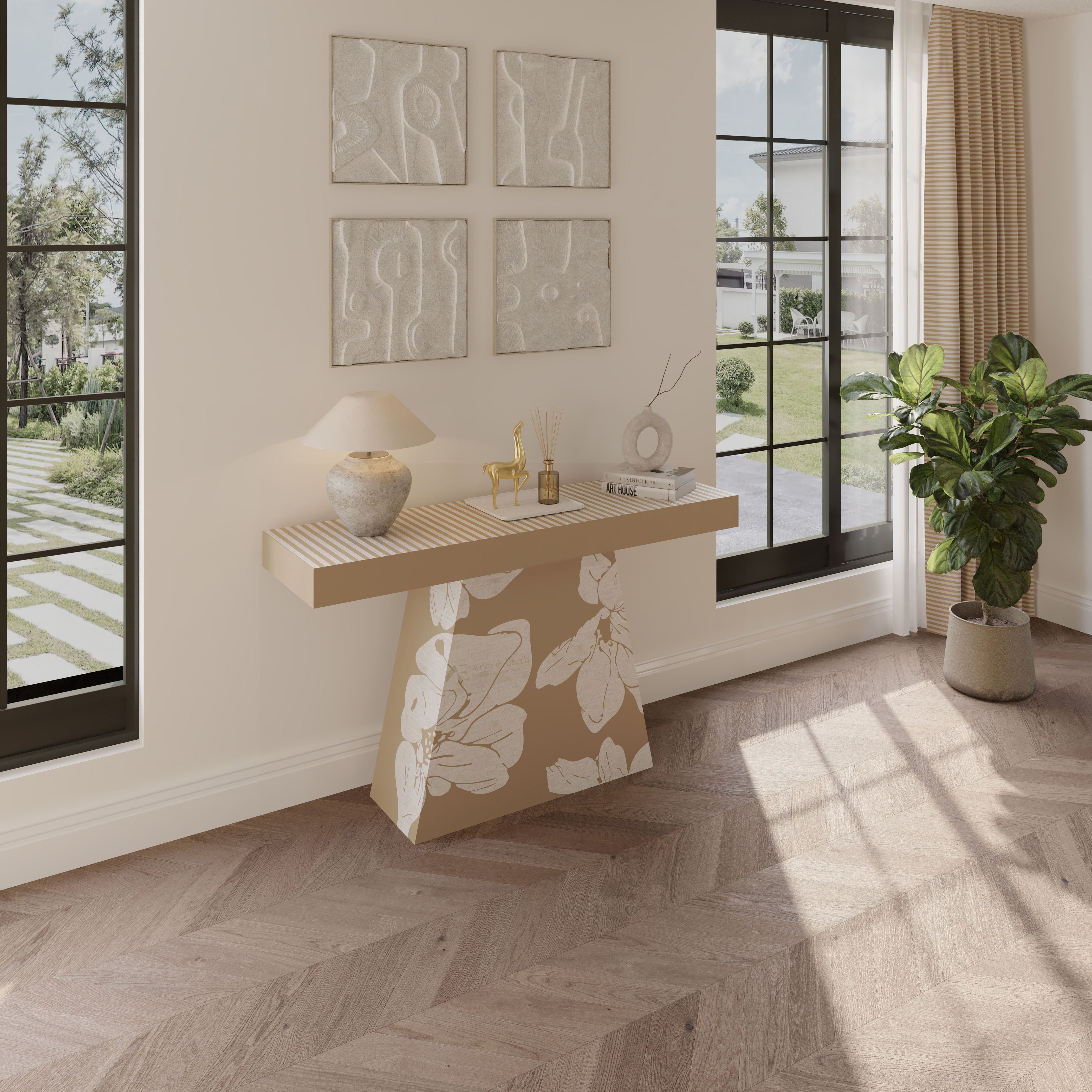 Modern beige floral bone inlay console table with decorative items in a stylish living room.
