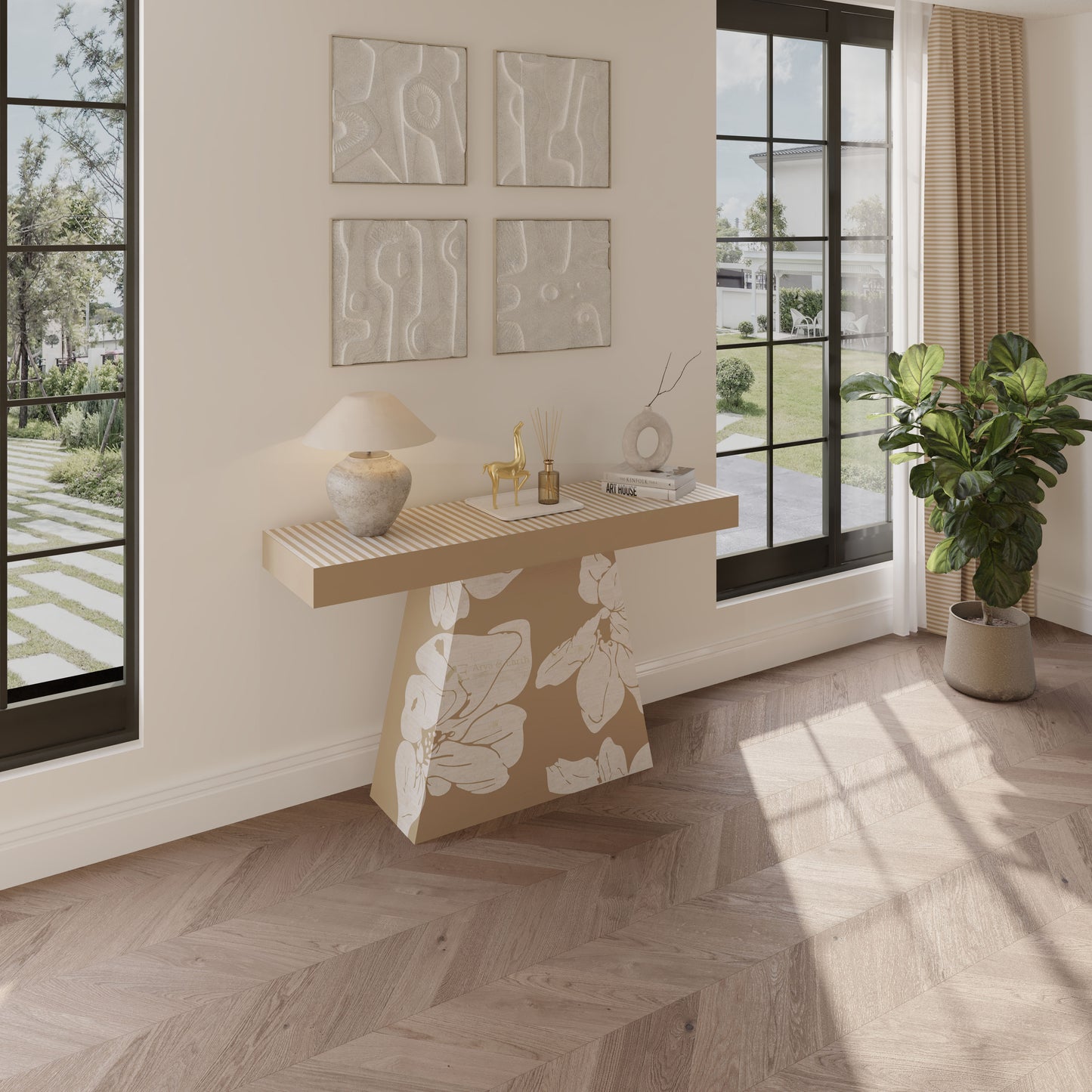 Modern beige floral bone inlay console table with decorative items in a stylish living room.