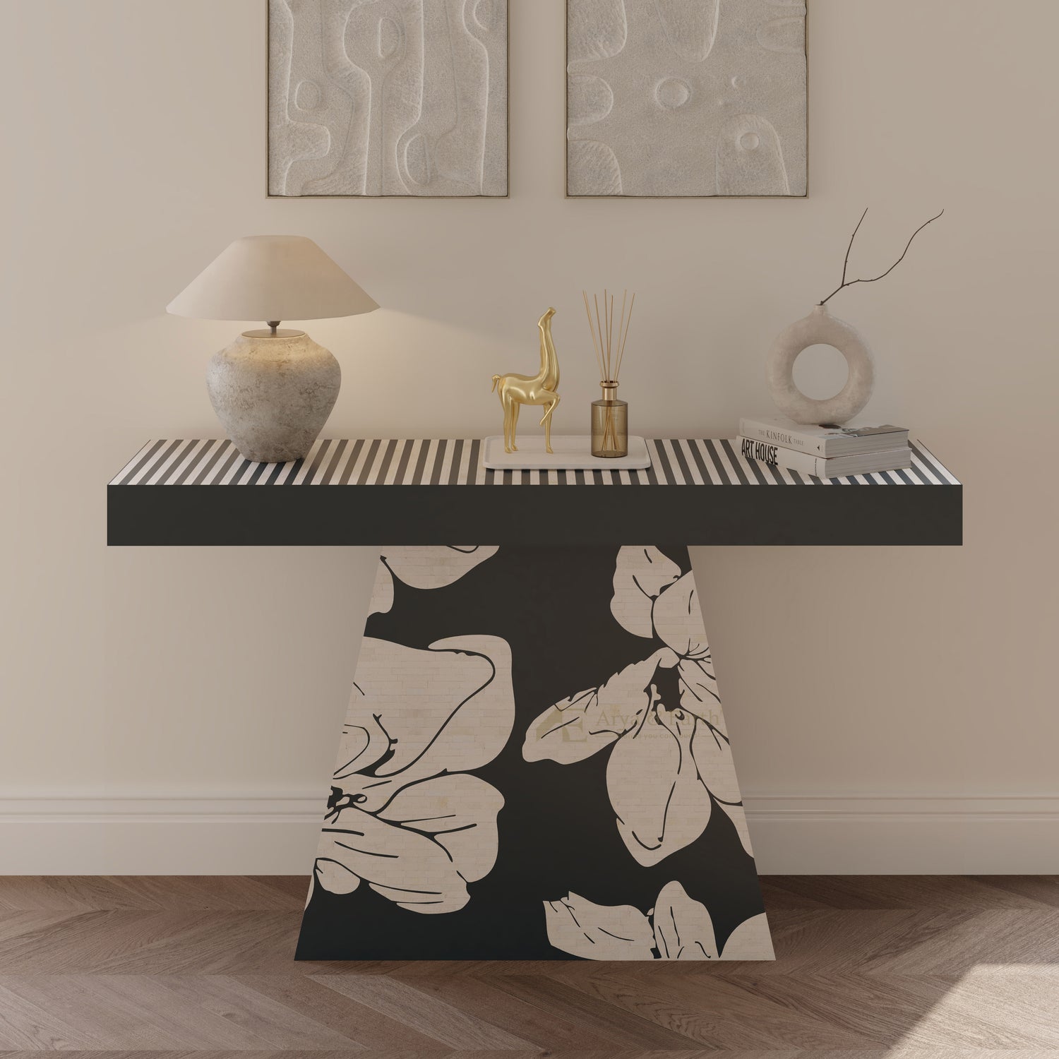 bone inlay floral hallway table with black and white floral design on a neutral background