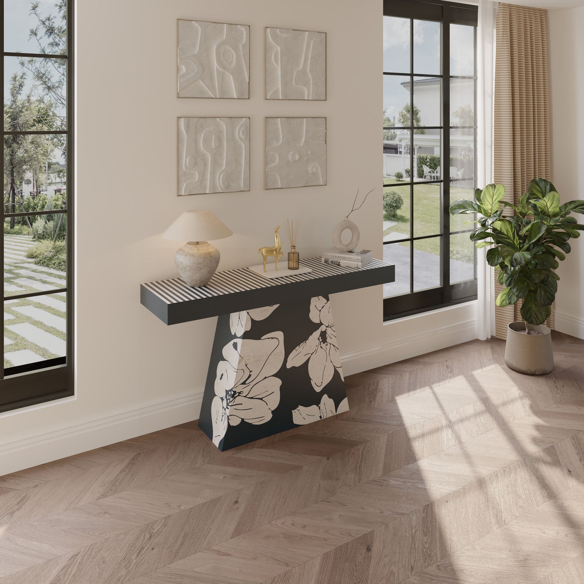 Luxury bone inlay console table with floral design in a bright room with large windows.