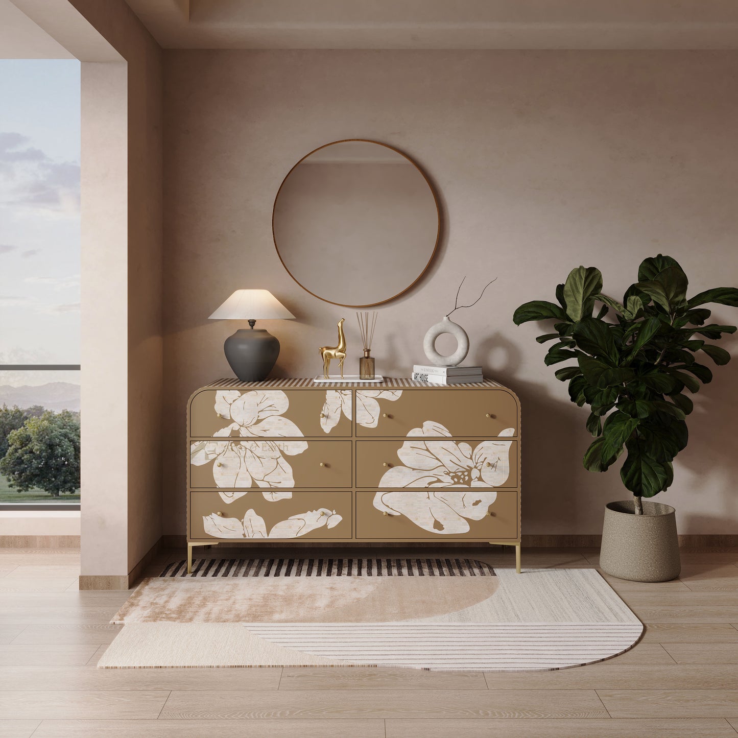 Beige cabinet with floral patterns in a modern interior setting