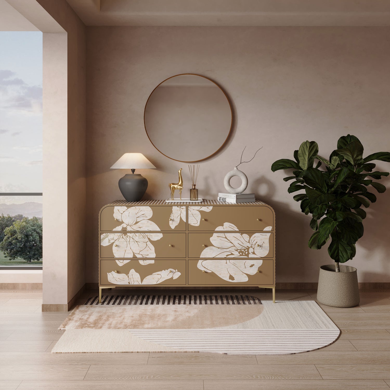 Beige cabinet with floral patterns in a modern interior setting