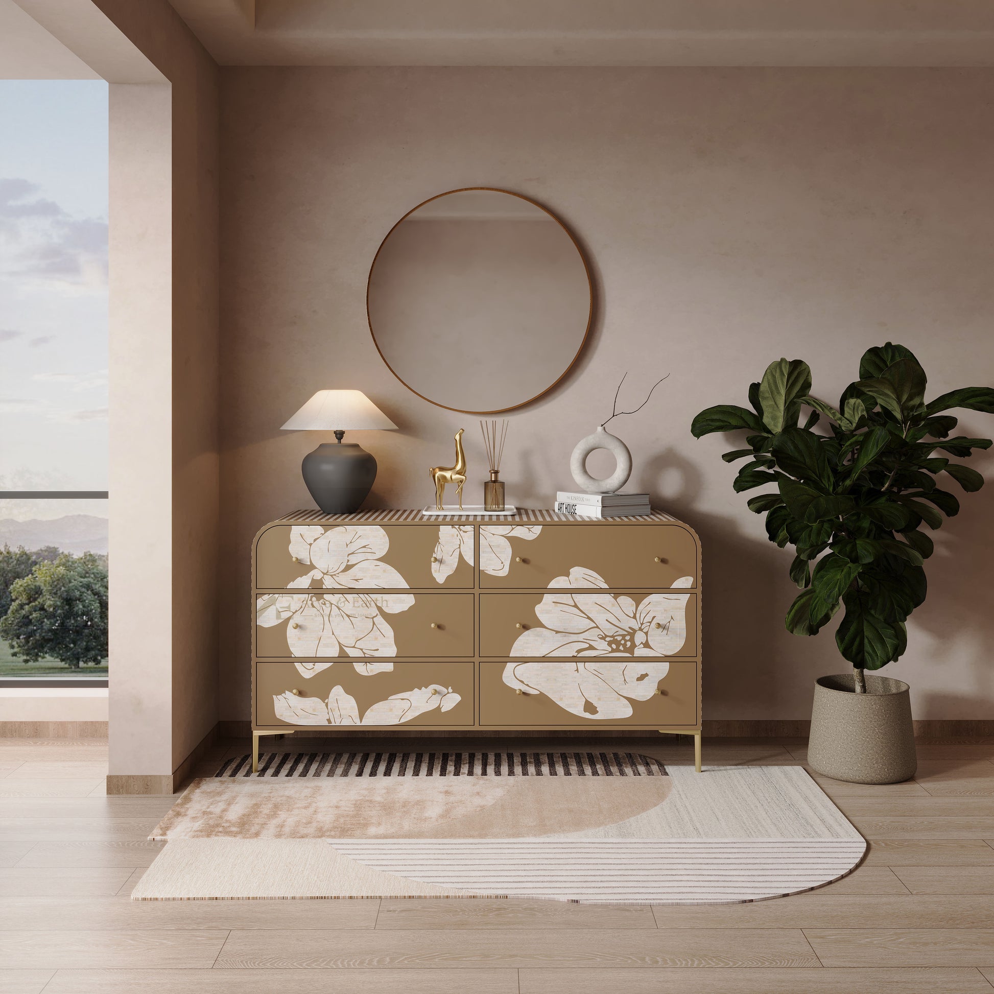 Beige cabinet with floral patterns in a modern interior setting