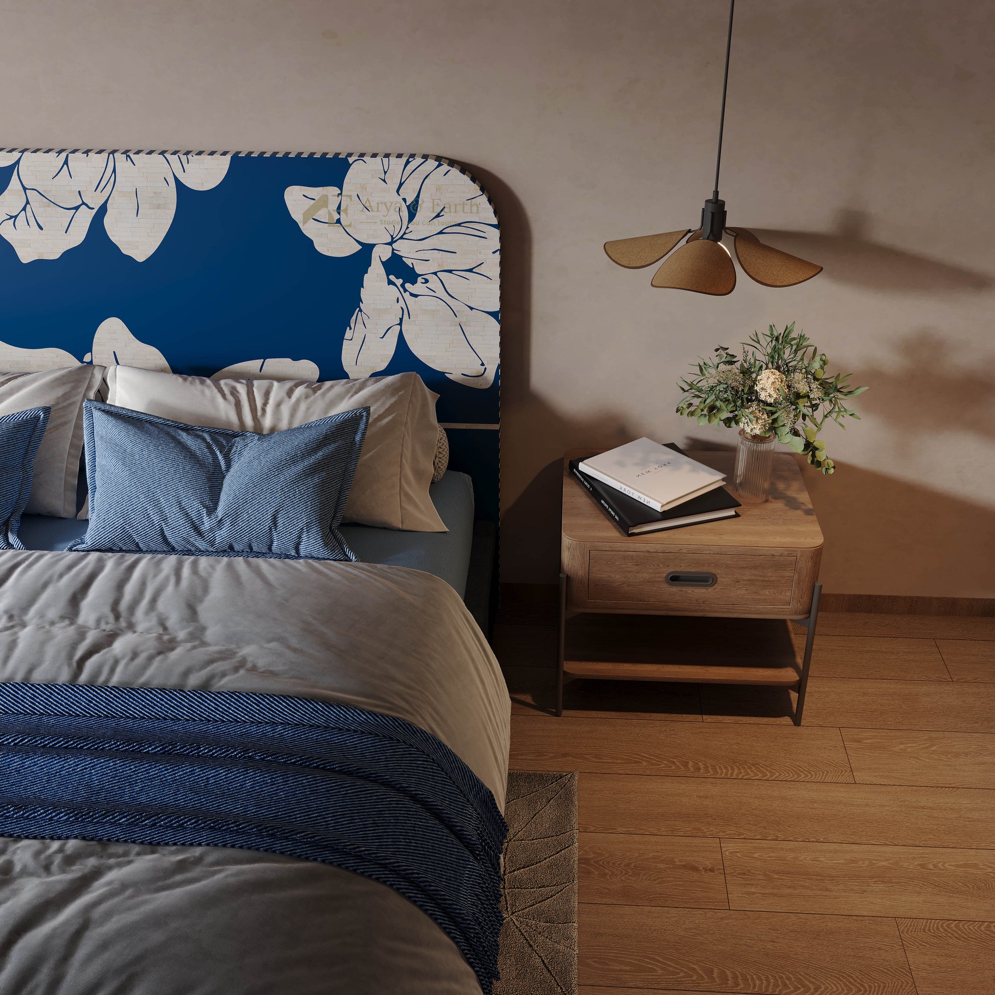 Bedroom with floral headboard, wooden nightstand, and pendant light.