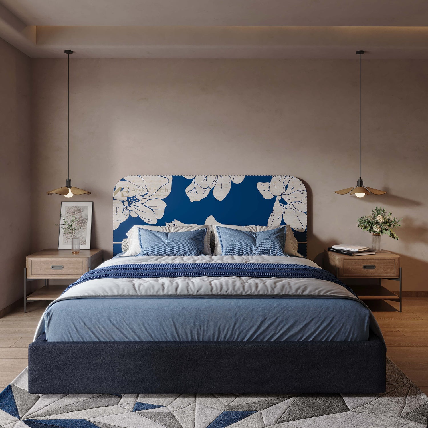 Modern bedroom with a blue floral headboard and matching bedding.