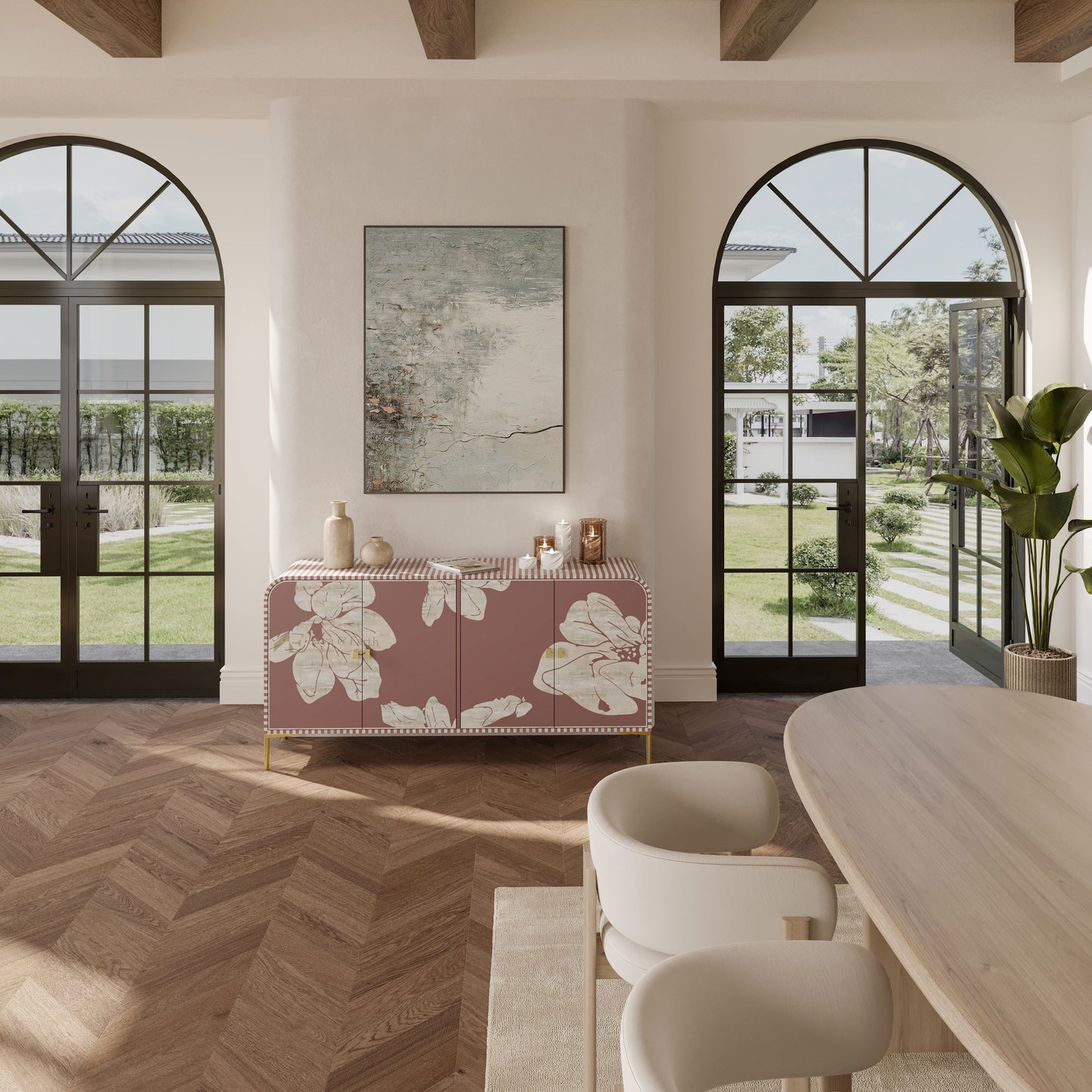 Luxury  interior with a floral mother of pearl  inlay console table in terracotta colour and large windows.