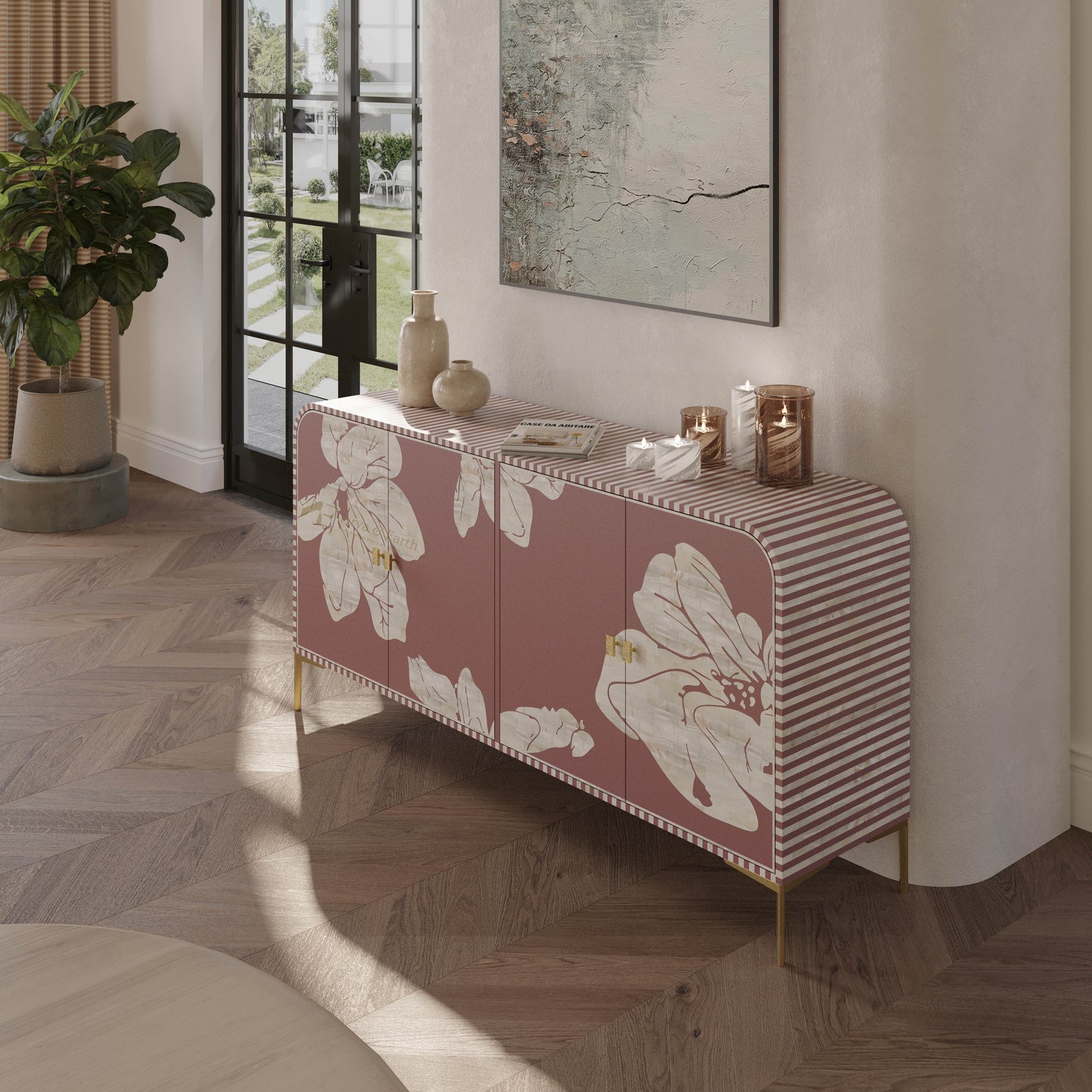 mother of pearl inlay  sideboard with floral design in a living room setting