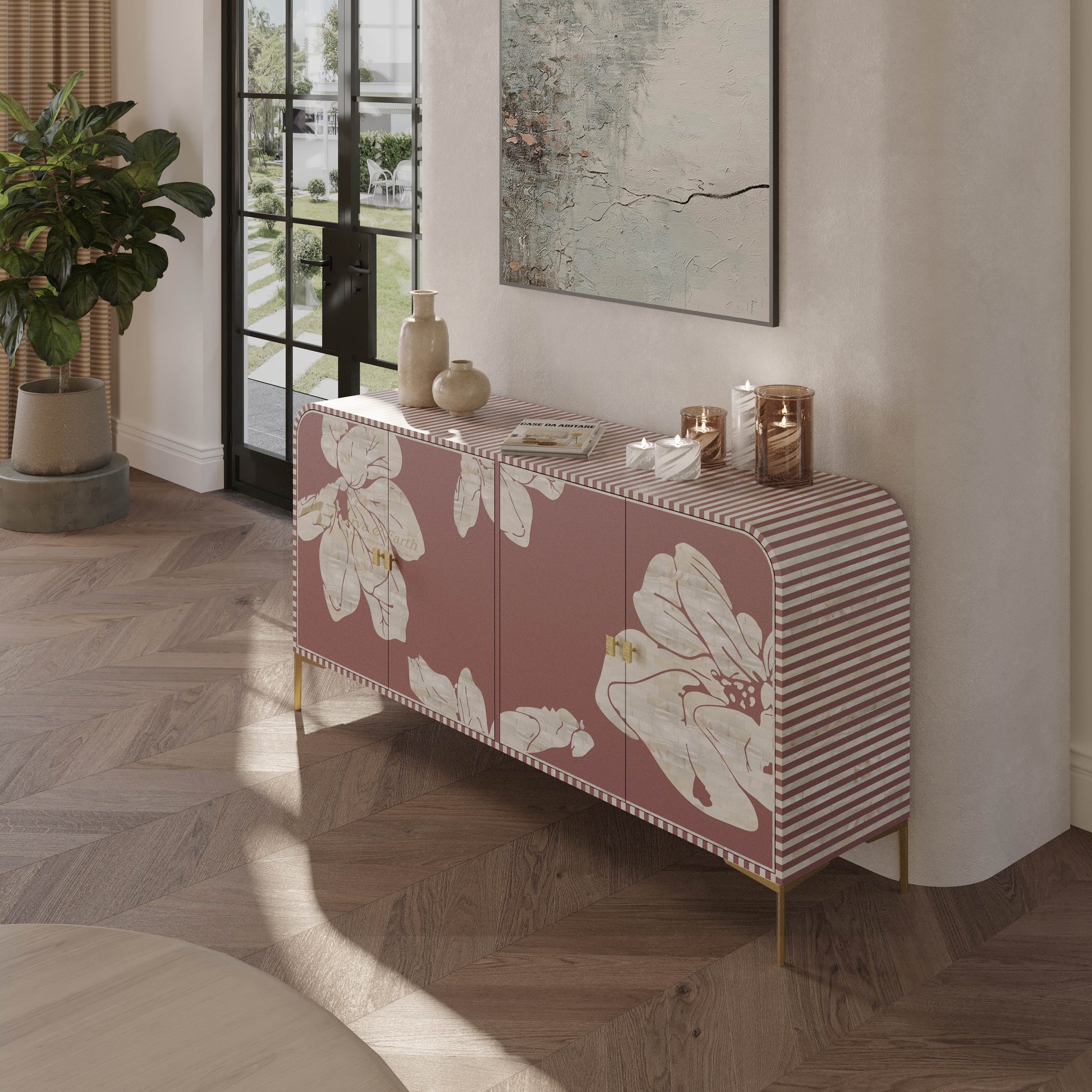 mother of pearl inlay  sideboard with floral design in a living room setting