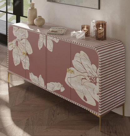 mother of pearl inlay  sideboard with floral design in a living room setting