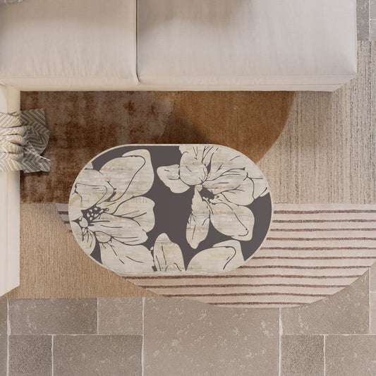 mother of pearl inlay grey coffee table on a neutral coloured rug.