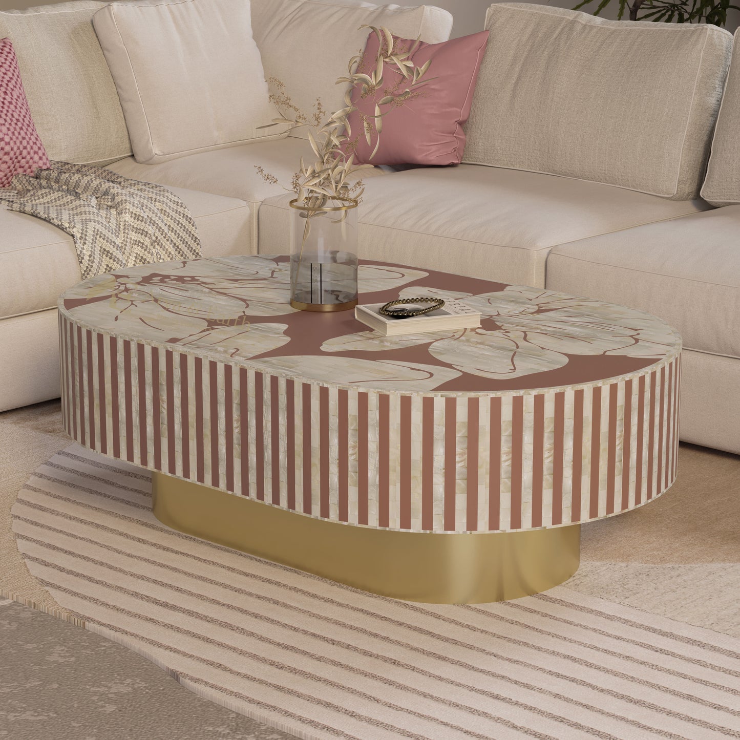 oblong coffee table with floral pattern  inlaid in a living room setting