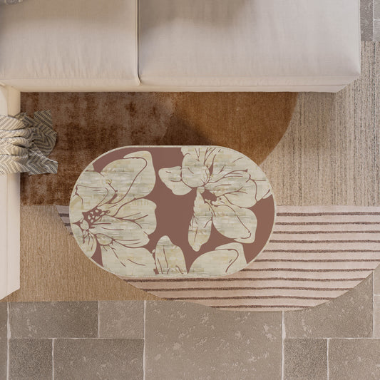 Floral mother of pearl coffee table  in terracotta colour on a neutral coloured rug