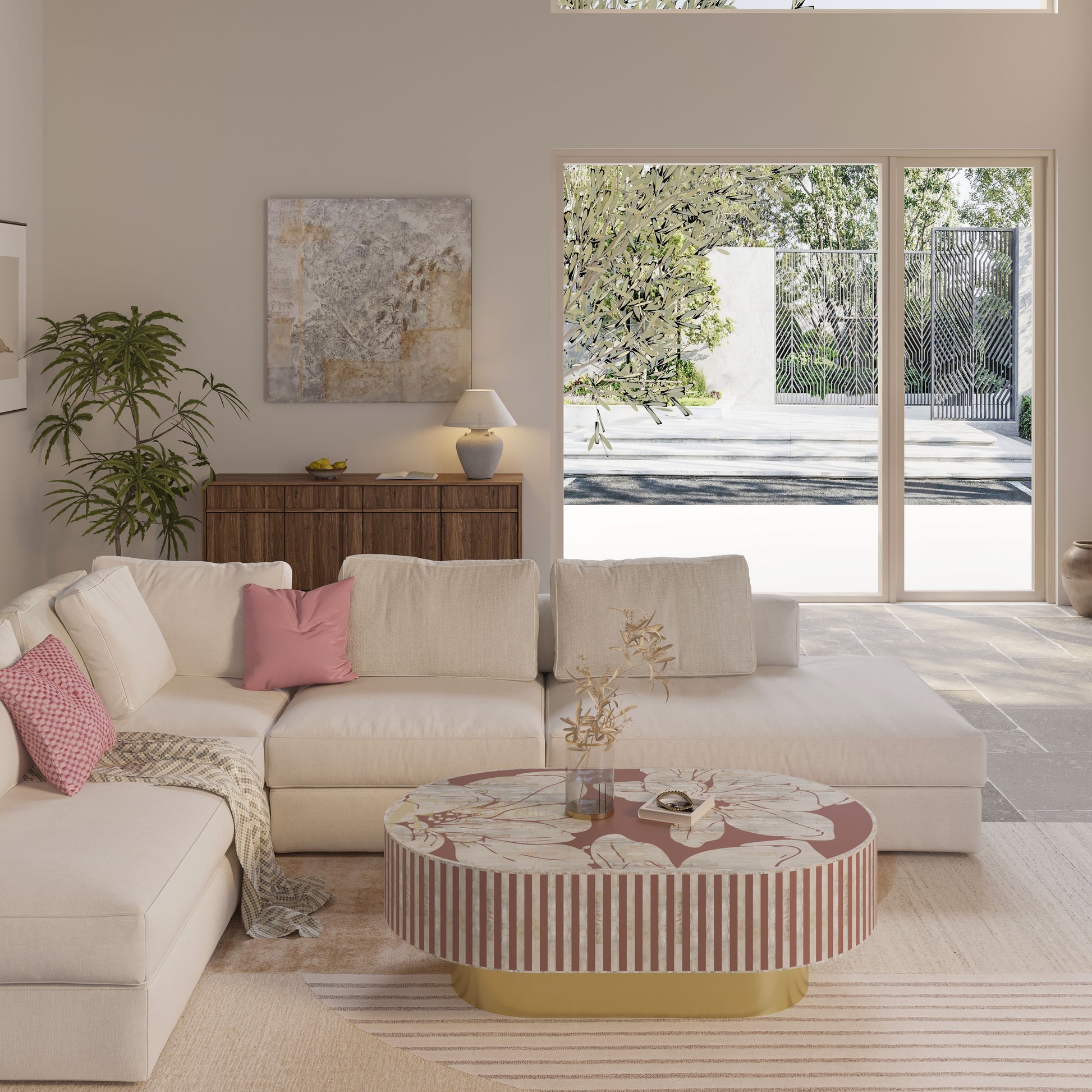 Luxury living room with a sofa, mother of pearl oblong coffee table with golden base. 