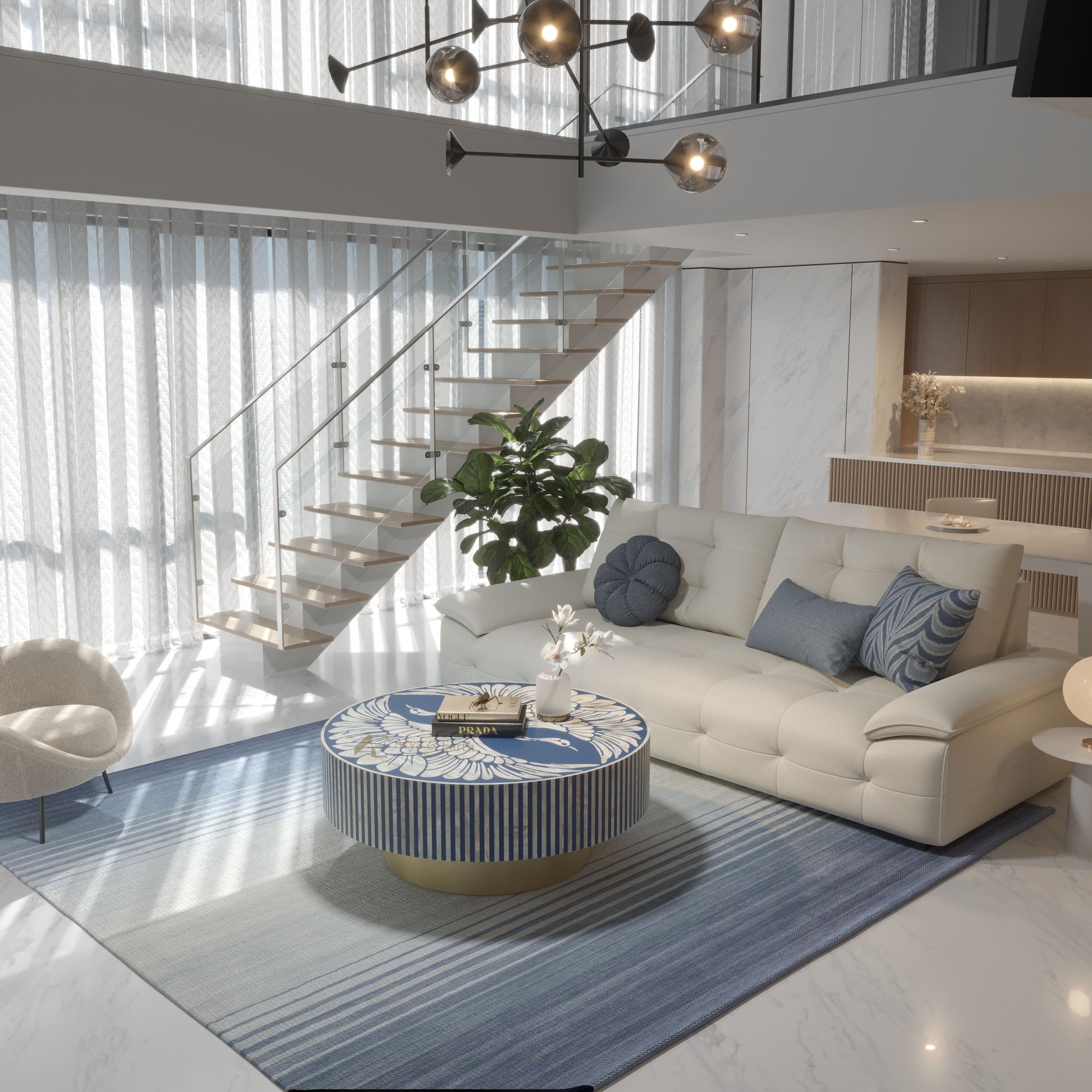 Modern living room with a staircase, white sofa, and mother of pearl inlay coffee table.