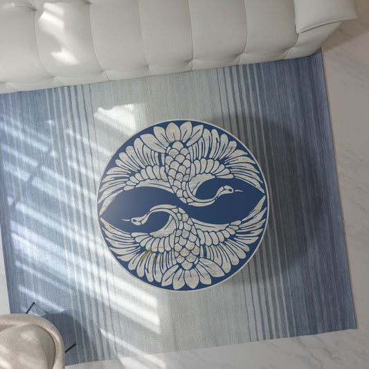 pearl inlay phoenix design coffee table in deep blue colour on a  rug