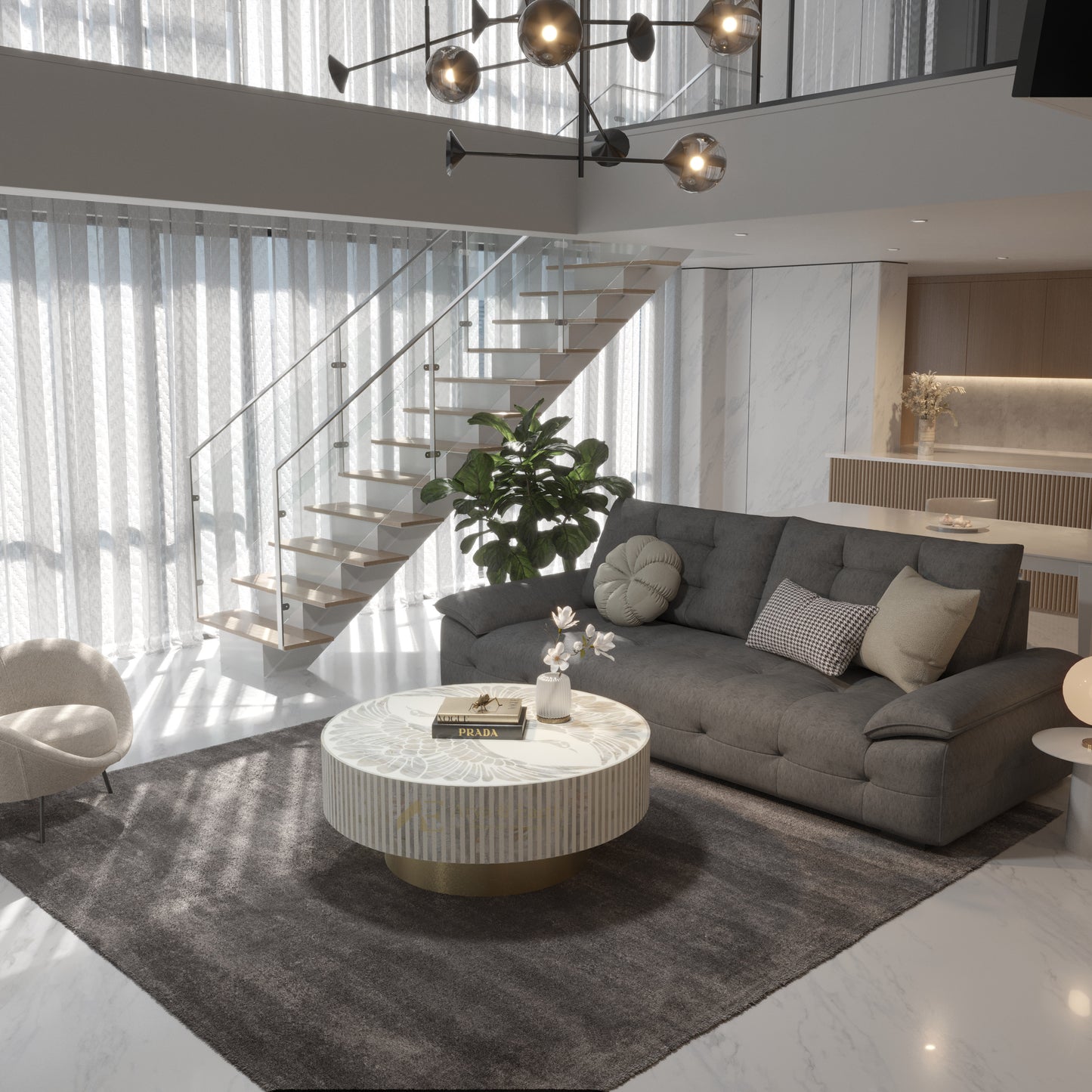 Modern living room with gray sofa, round white coffee table, with golden base and staircase in the background
