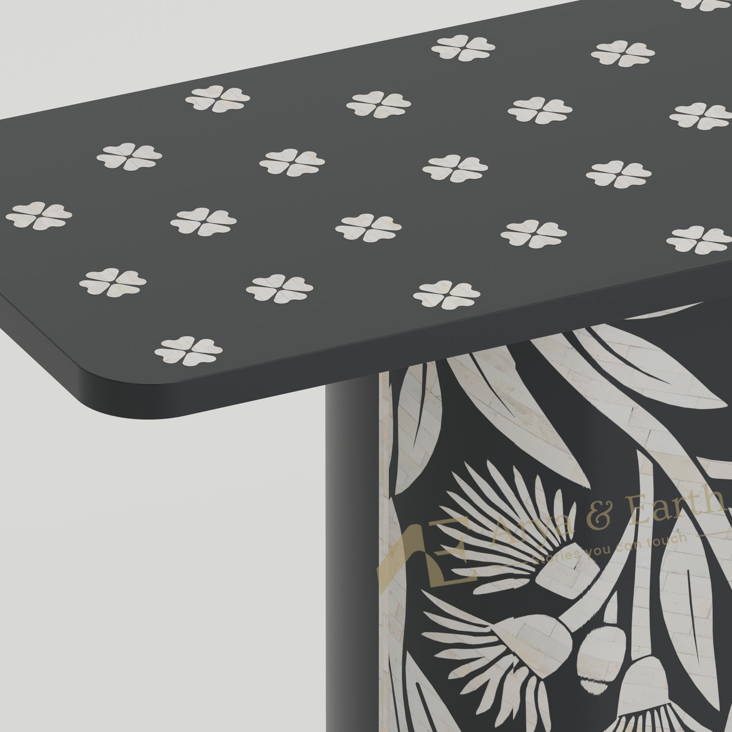 Closeup of bone inlay Black console table with gum tree design