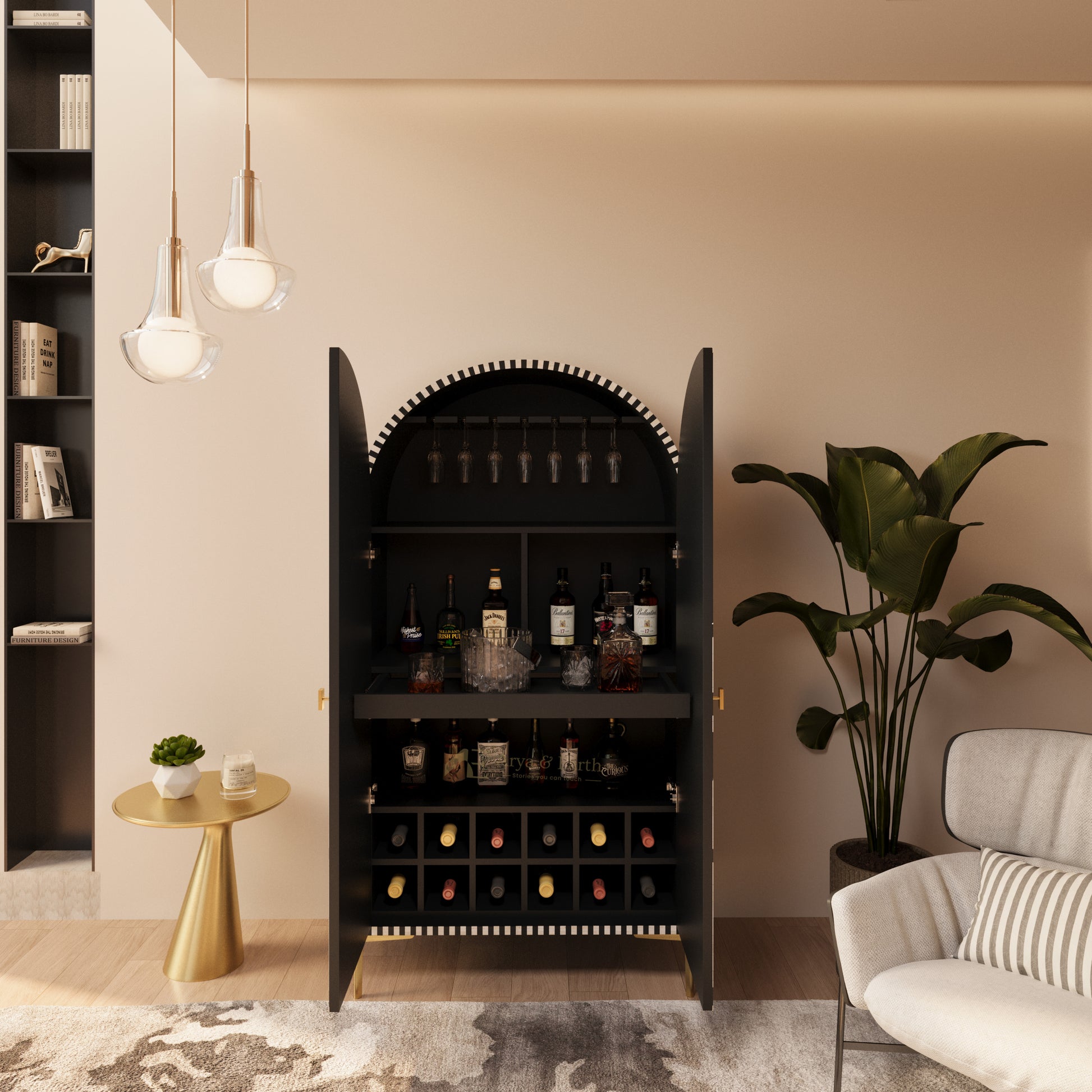 Open black wine cabinet in a modern  room with decor elements.