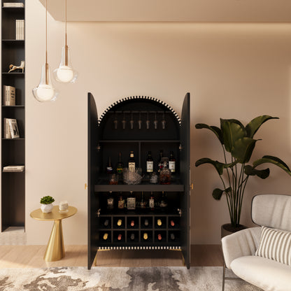 Open black wine cabinet in a modern  room with decor elements.