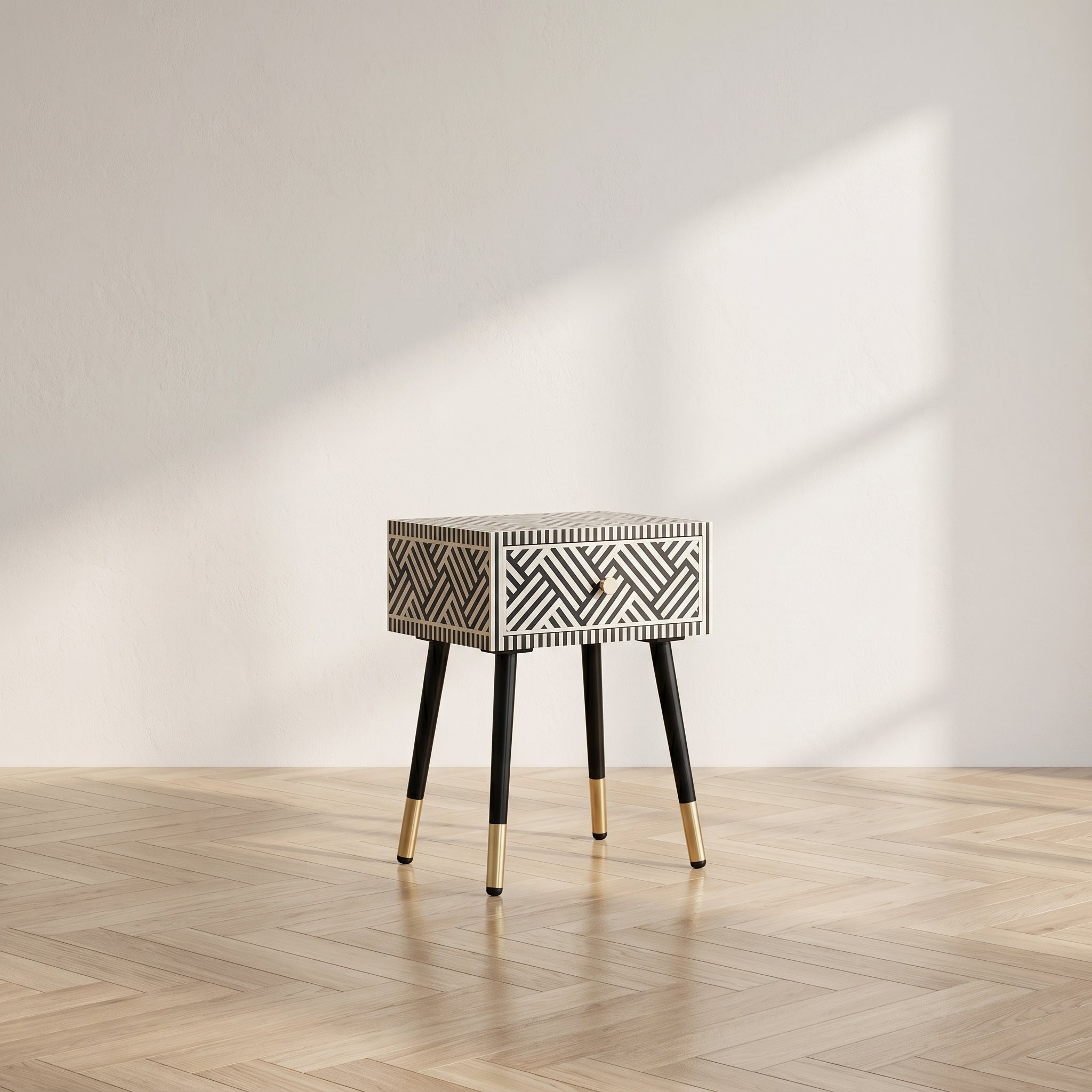 Bone Inlay Geometric Maze Bedside Table | Onyx