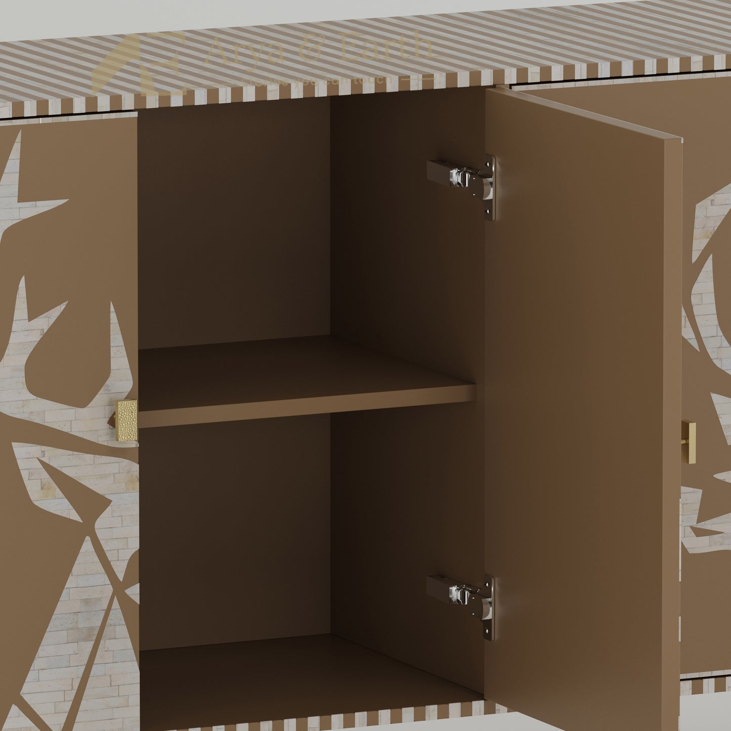 Closeup of Bone inlay texture on a beige cabinet with stripe design