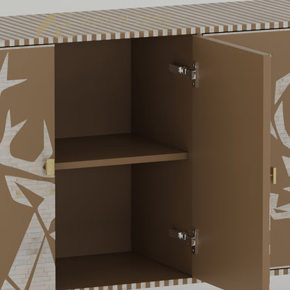 Closeup of Bone inlay texture on a beige cabinet with stripe design