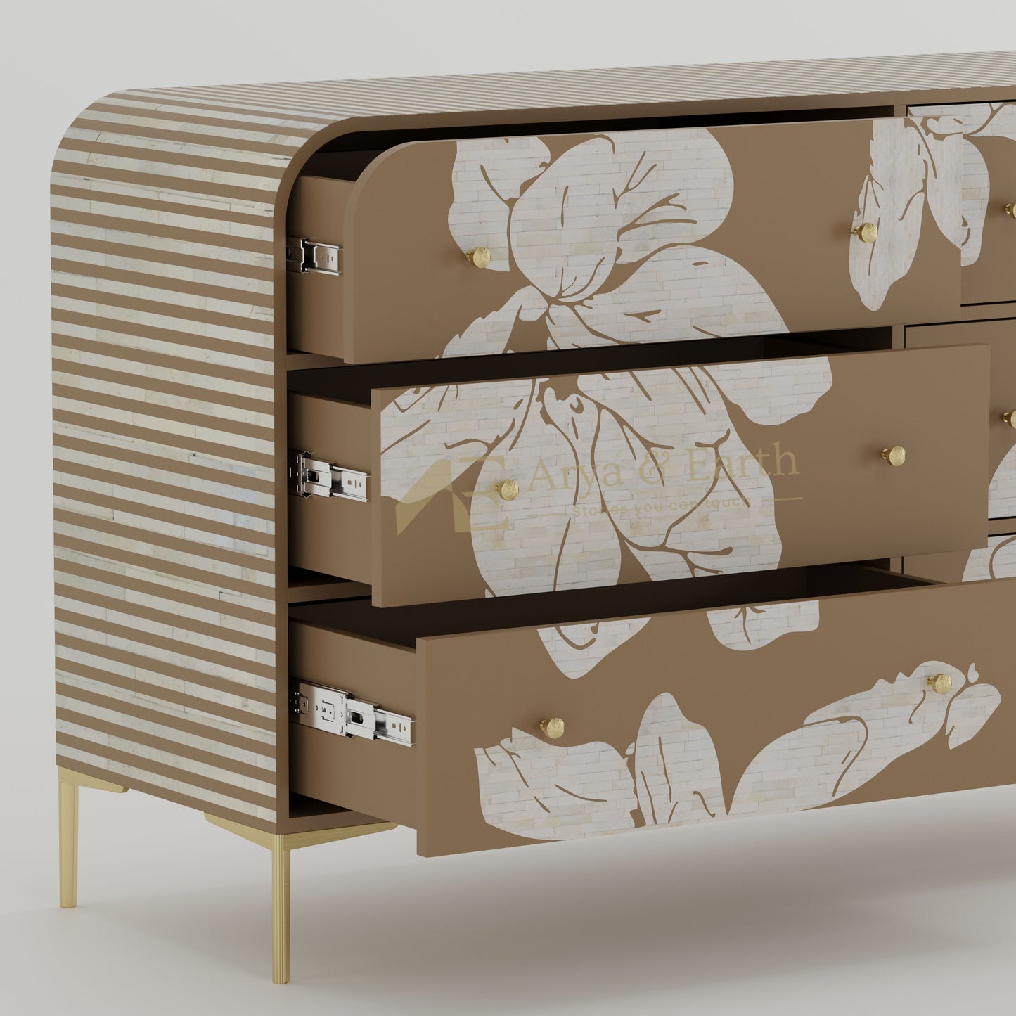Beige dresser with floral pattern and striped side open drawers
