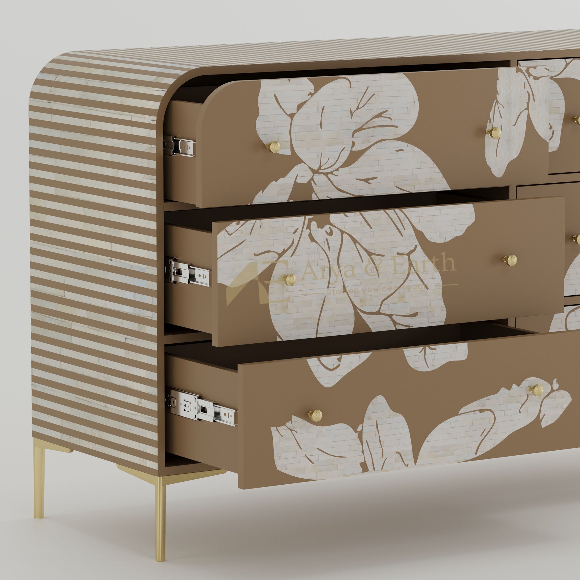 Beige dresser with floral pattern and striped side open drawers