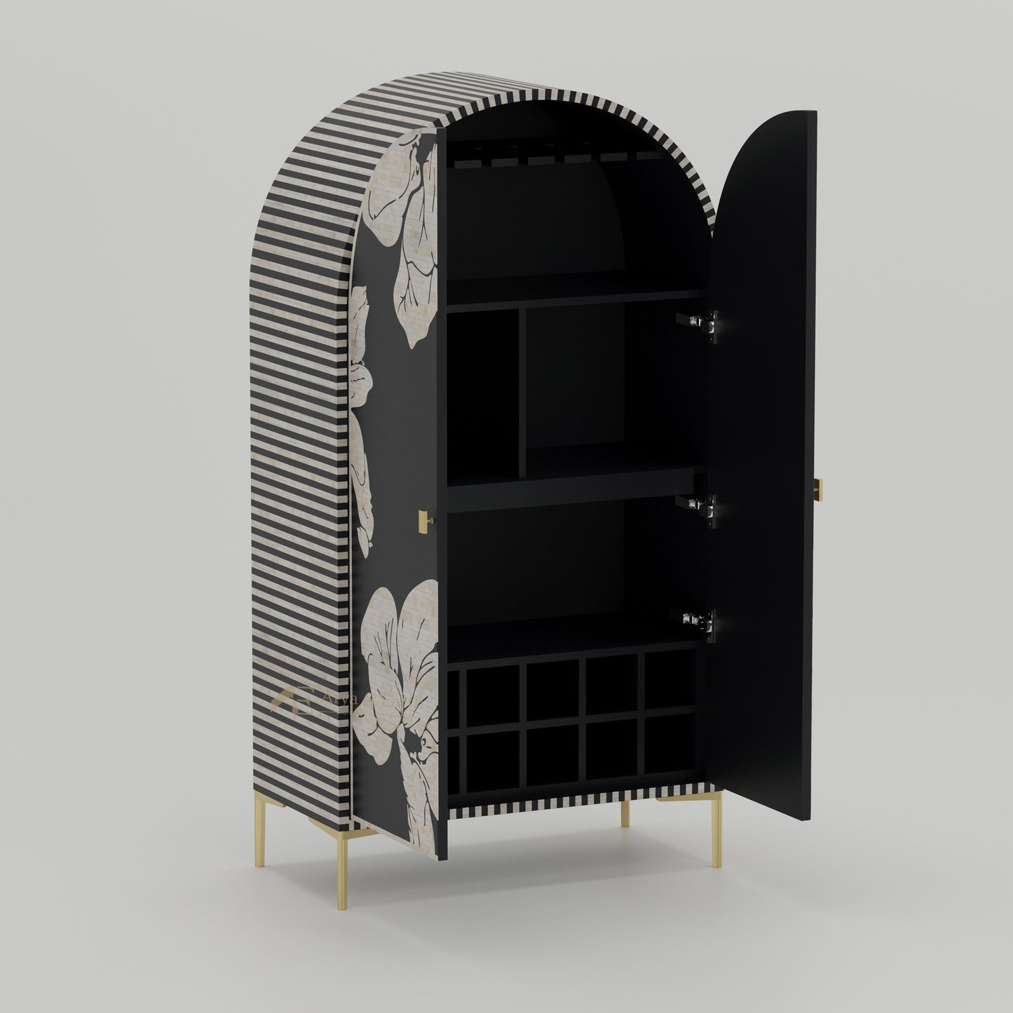 Black bar cabinet with wine glass rack and wine bottles storage