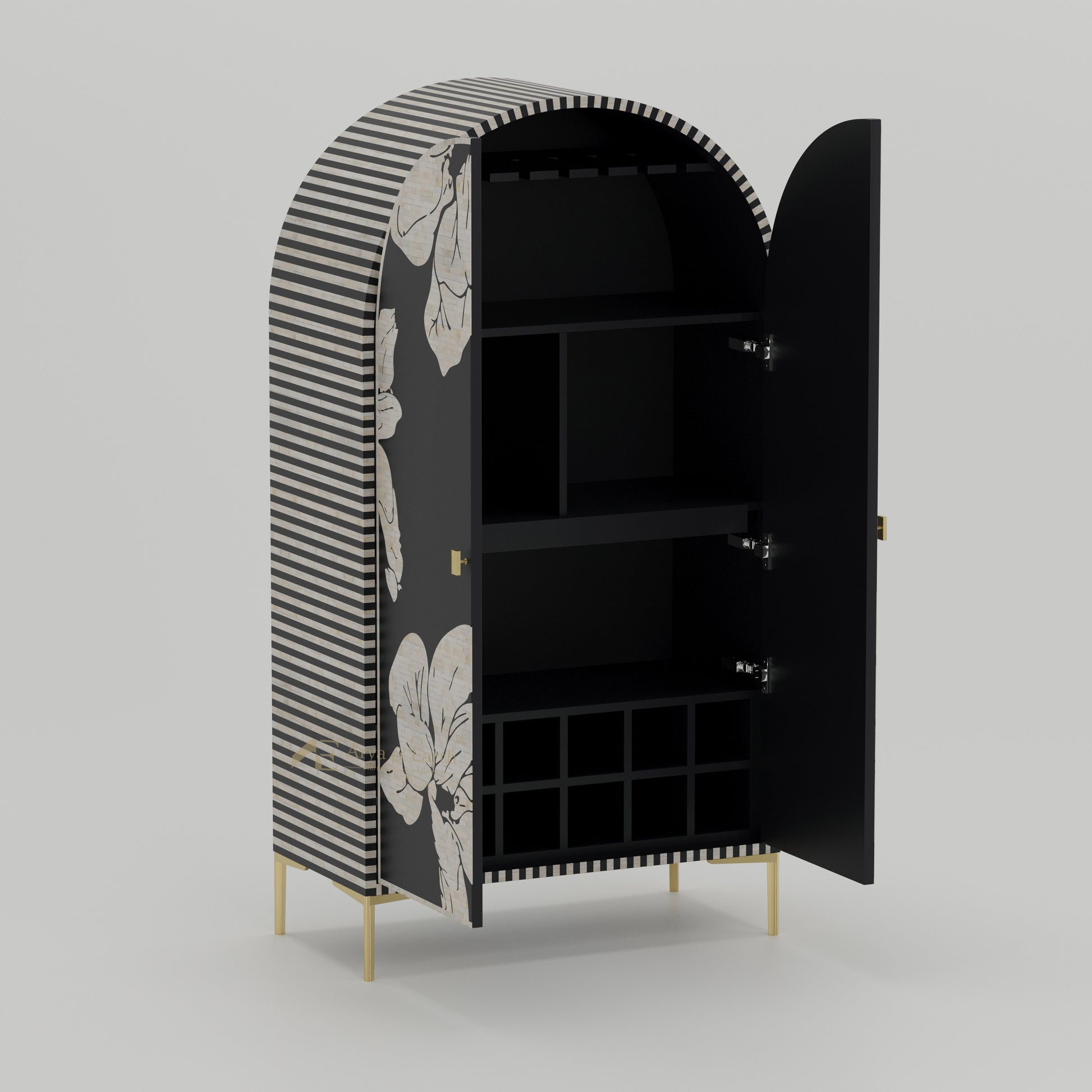 Black bar cabinet with wine glass rack and wine bottles storage