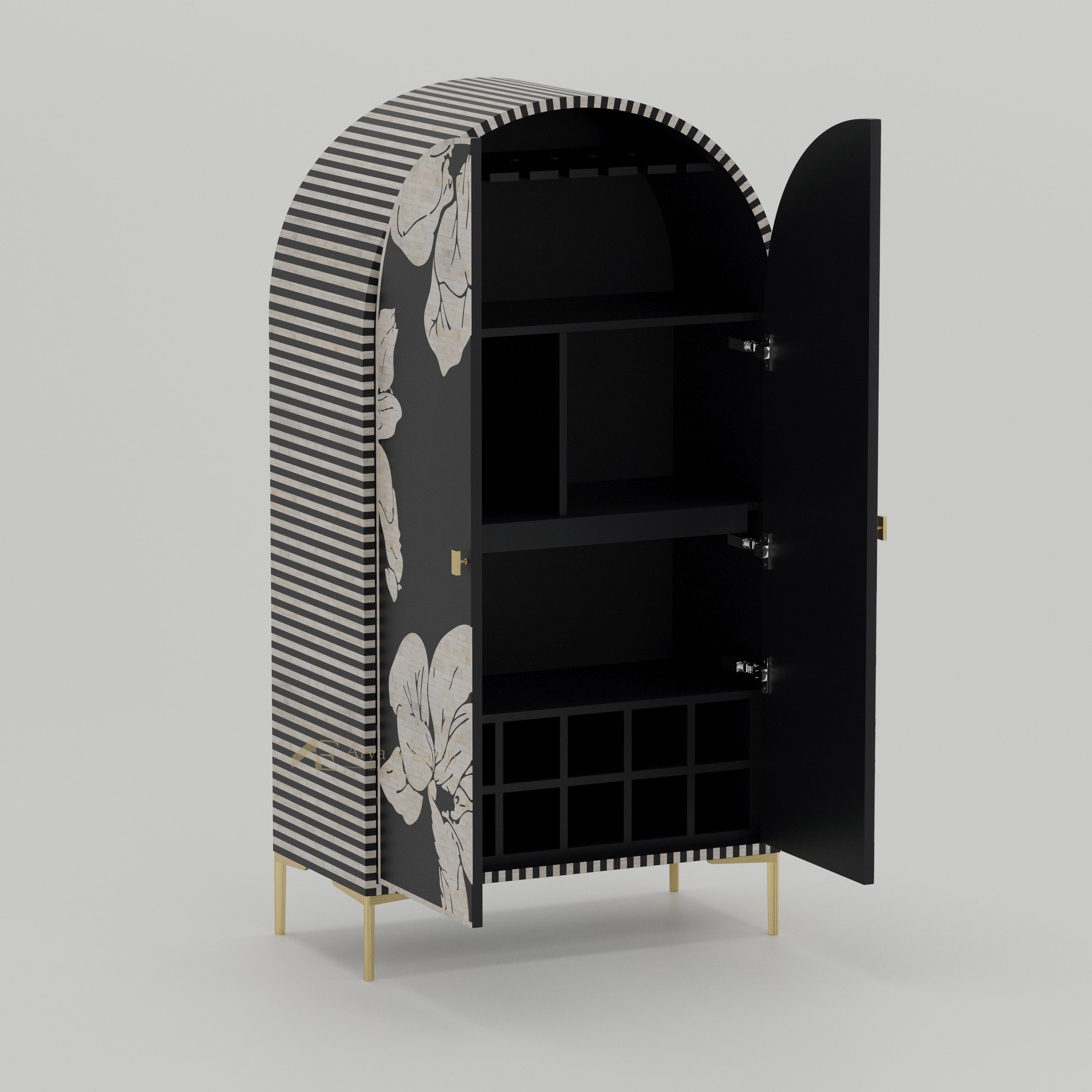 Black bar cabinet with wine glass rack and wine bottles storage