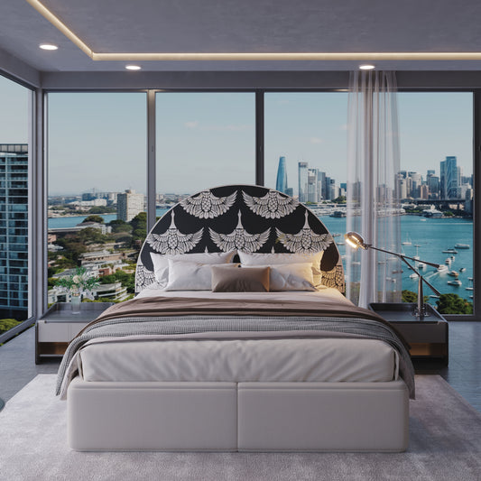 Modern bedroom with a cityscape view through large windows