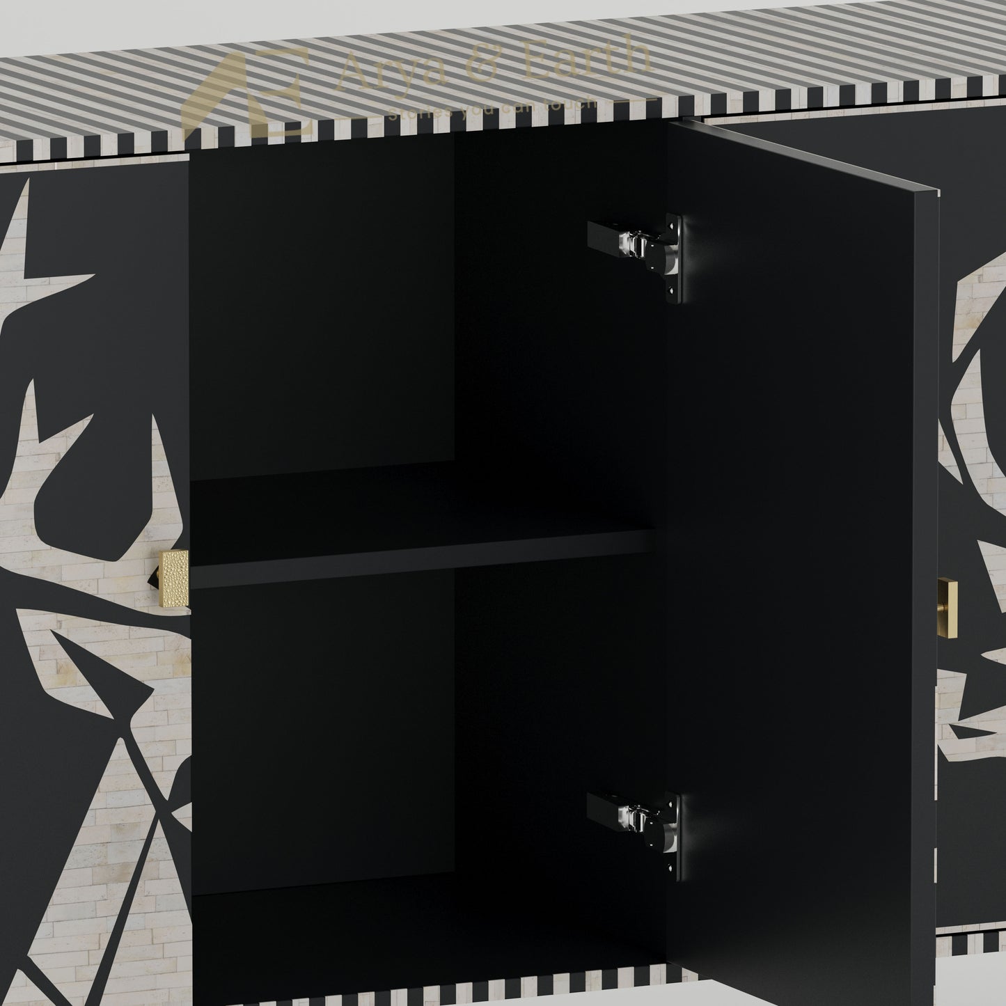 Bone inlay black cabinet with open door showing interior shelves 