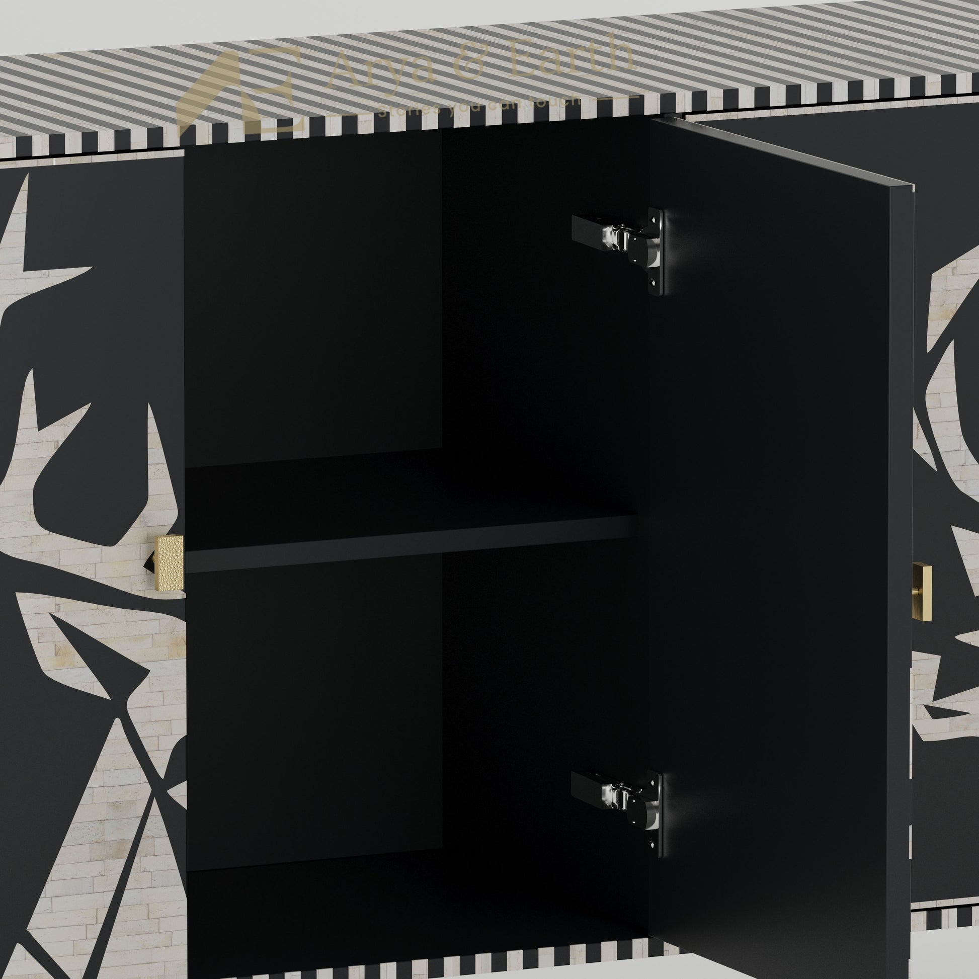Bone inlay black cabinet with open door showing interior shelves 
