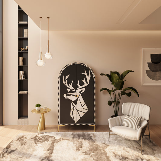 Modern living room with a statement cabinet featuring a deer design, a lounge chair, and a plant.