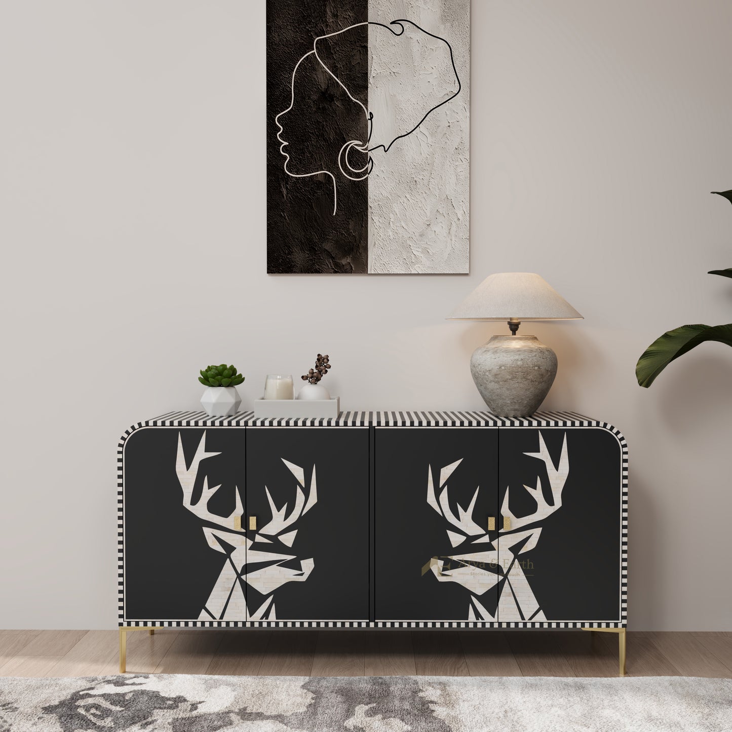 Modern interior with a black and white deer head cabinet, abstract art, and decorative items.