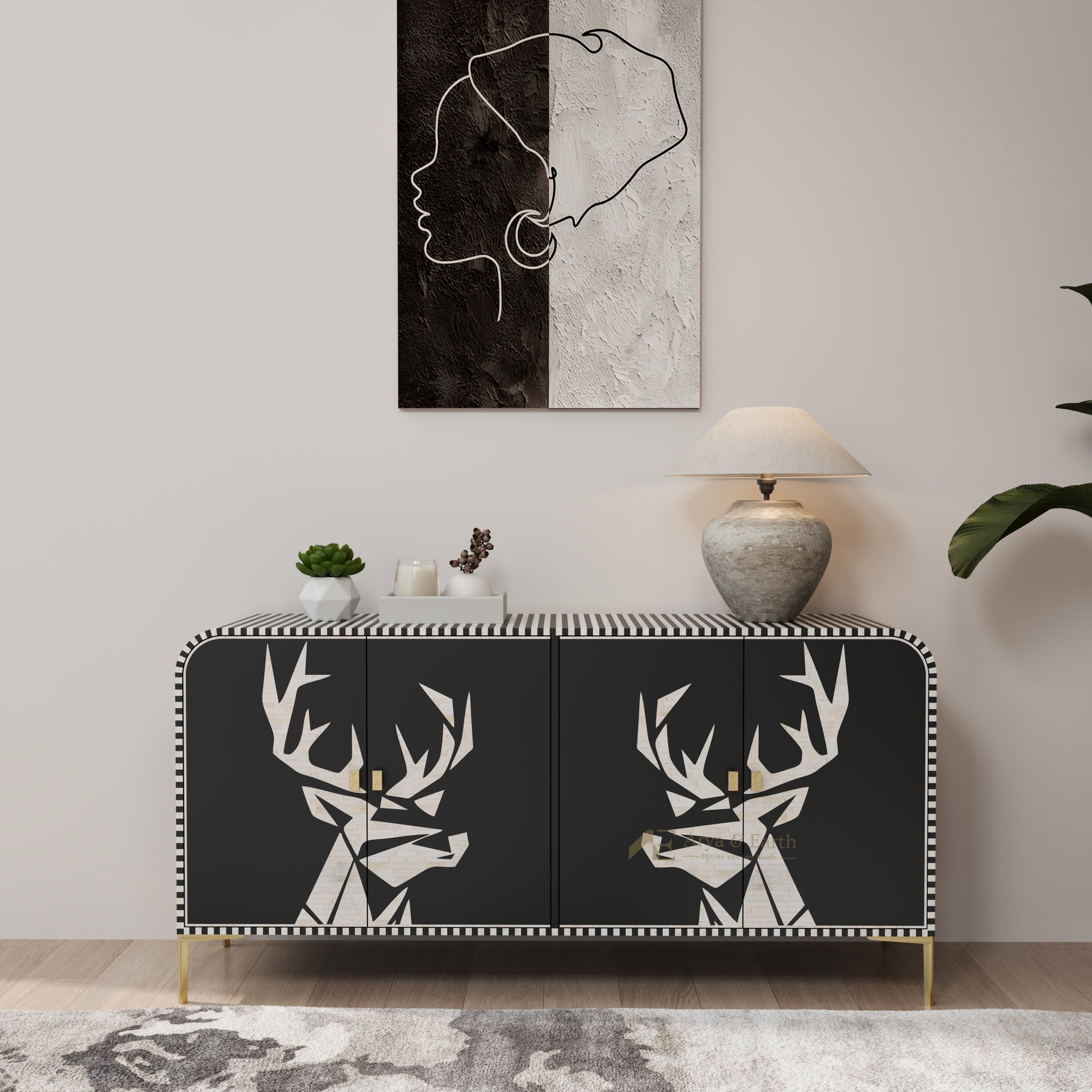 Modern interior with a black and white deer head cabinet, abstract art, and decorative items.