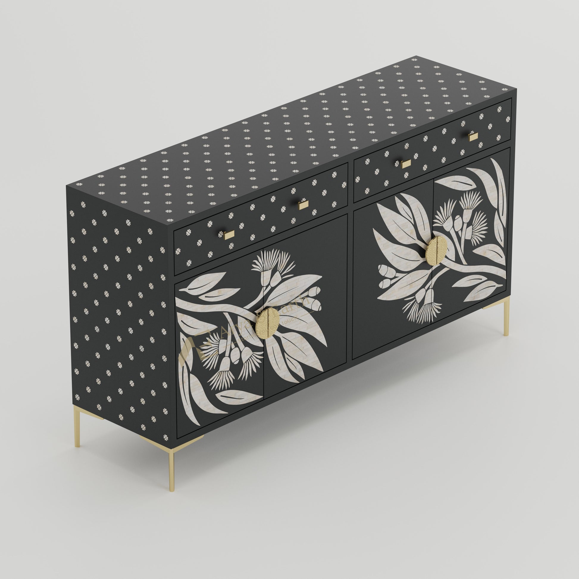 Black sideboard with floral patterns and gold accents bone inlay furniture