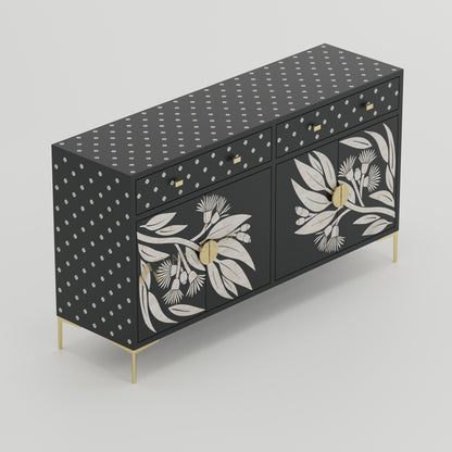 Black sideboard with floral patterns and gold accents bone inlay furniture