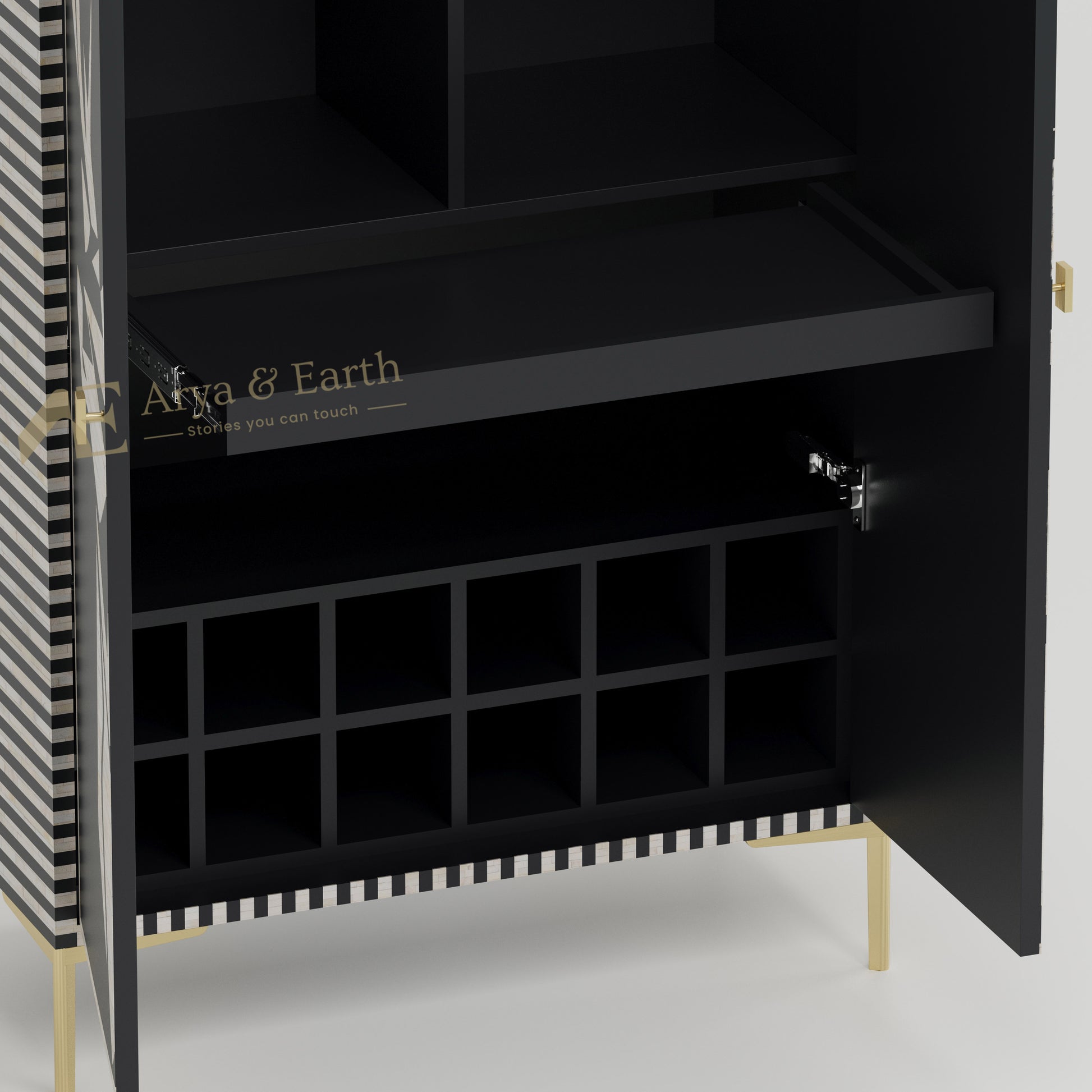 bar cabinet interior shelves bone inlay black wine storage
