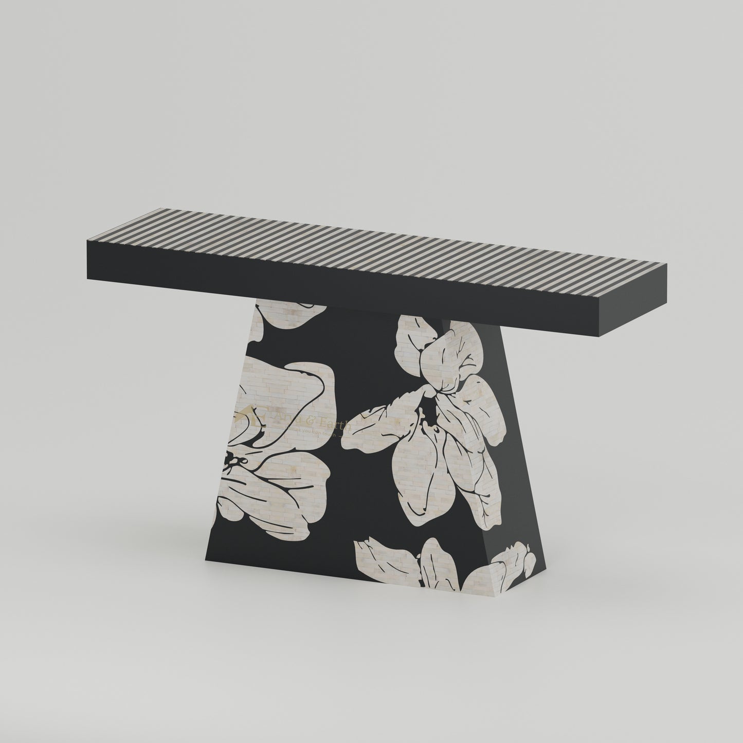 black hallway table with stripe and floral design