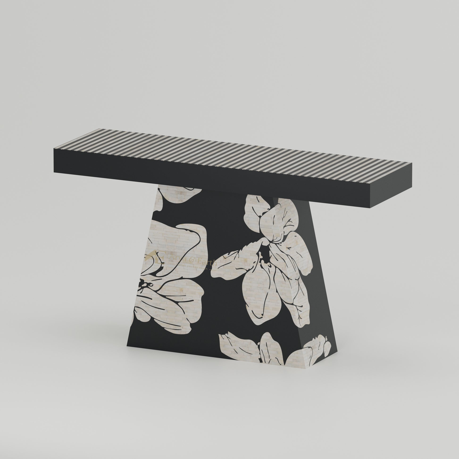 black hallway table with stripe and floral design