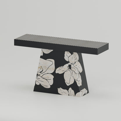 black hallway table with stripe and floral design