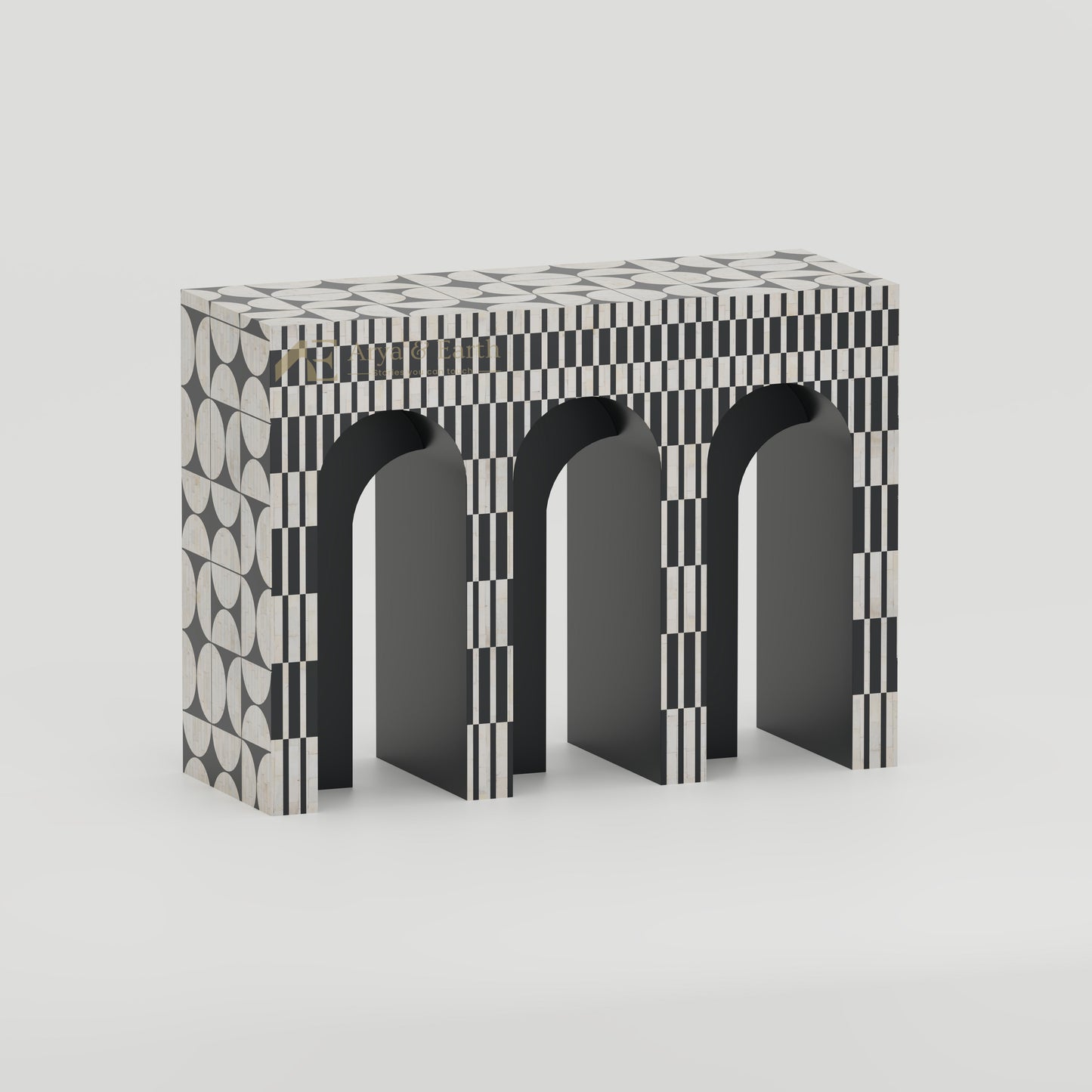 monochromatic bone inlay arch console table
