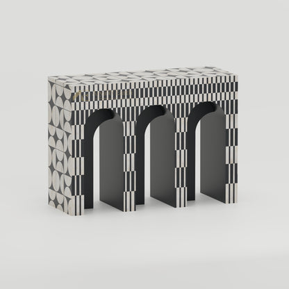 monochromatic bone inlay arch console table