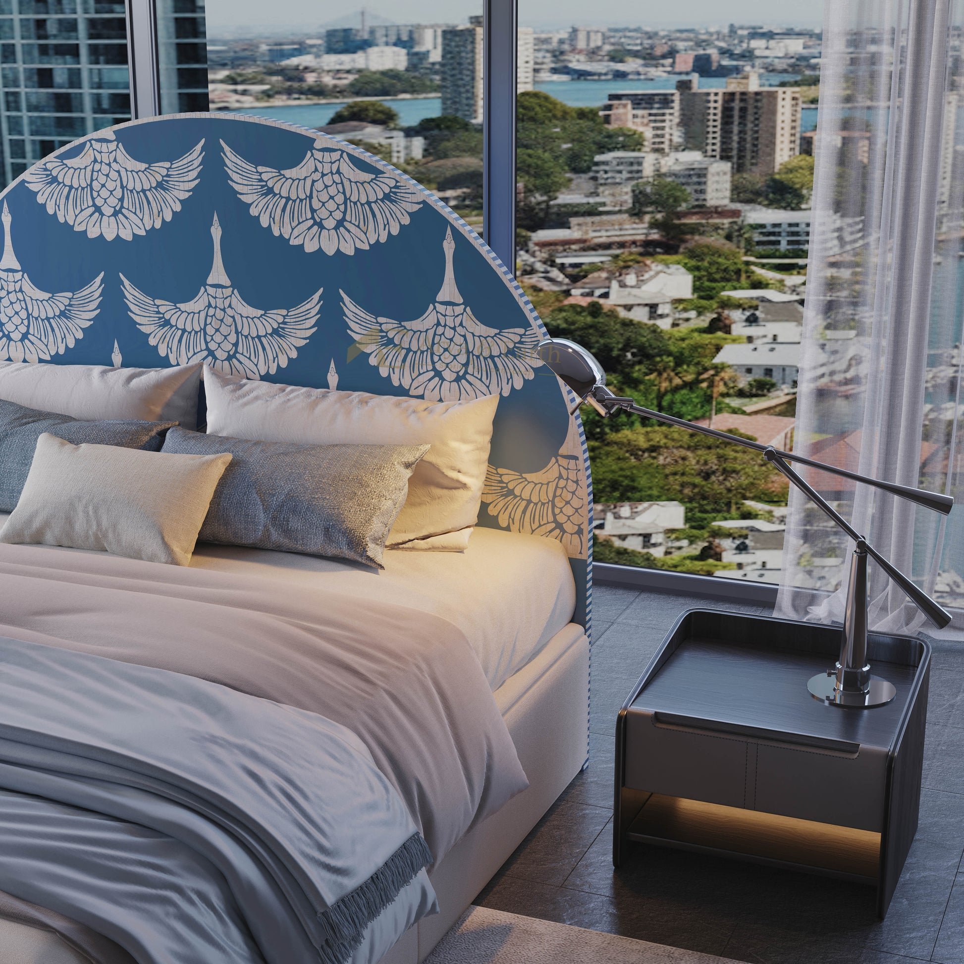 Bedroom with blue bone inlay headboard and city view