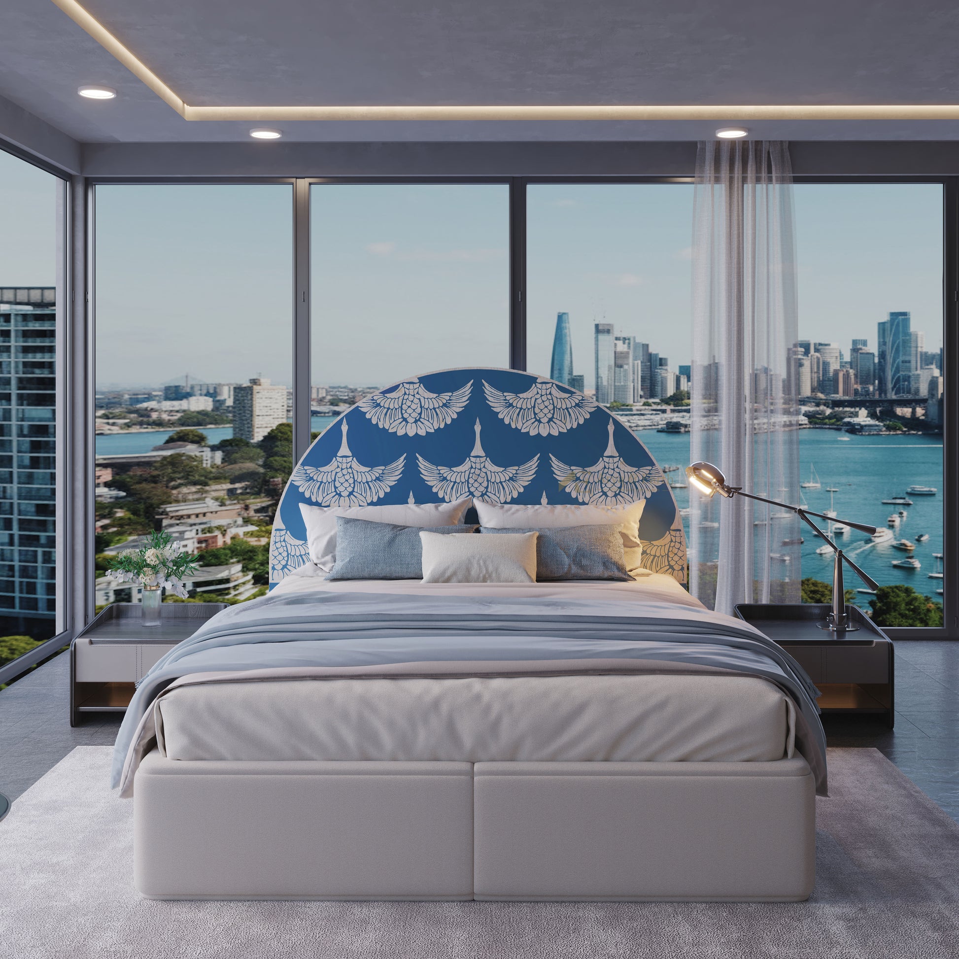 Modern bedroom with a bone inlay bedhead and a cityscape view through large windows